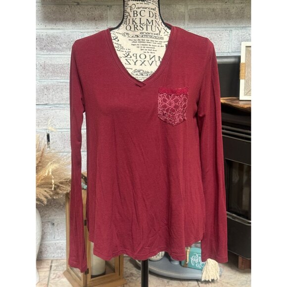 Rue 21 Burgundy Long‎ Sleeve Womens Top size Small with front lace pocket - Picture 1 of 9